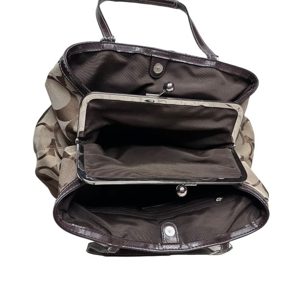 Coach Khaki and Mahogany Stripe Signature Kisslock Carryall Bag F19190 - Picture 10 of 13